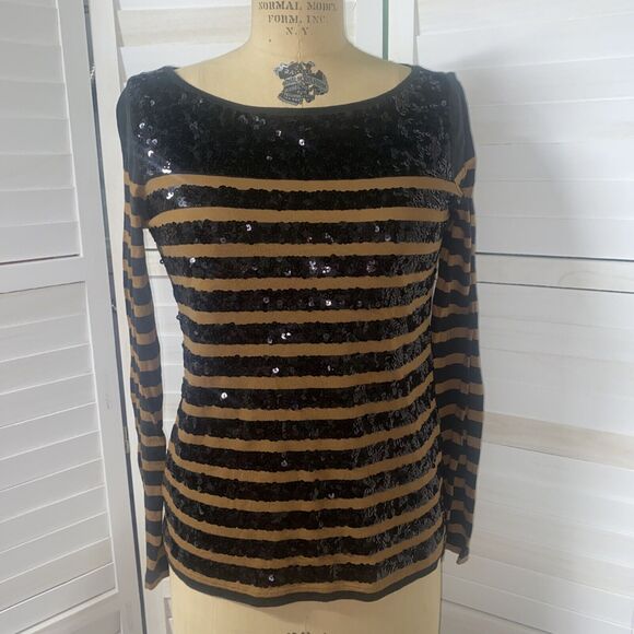 Ann Taylor Loft Sequin Striped Top Size Medium Long Sleeve Black Brown - Picture 1 of 8